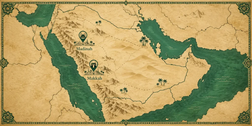Illustrated map of the Arabian Peninsula marking Makkah and Madinah