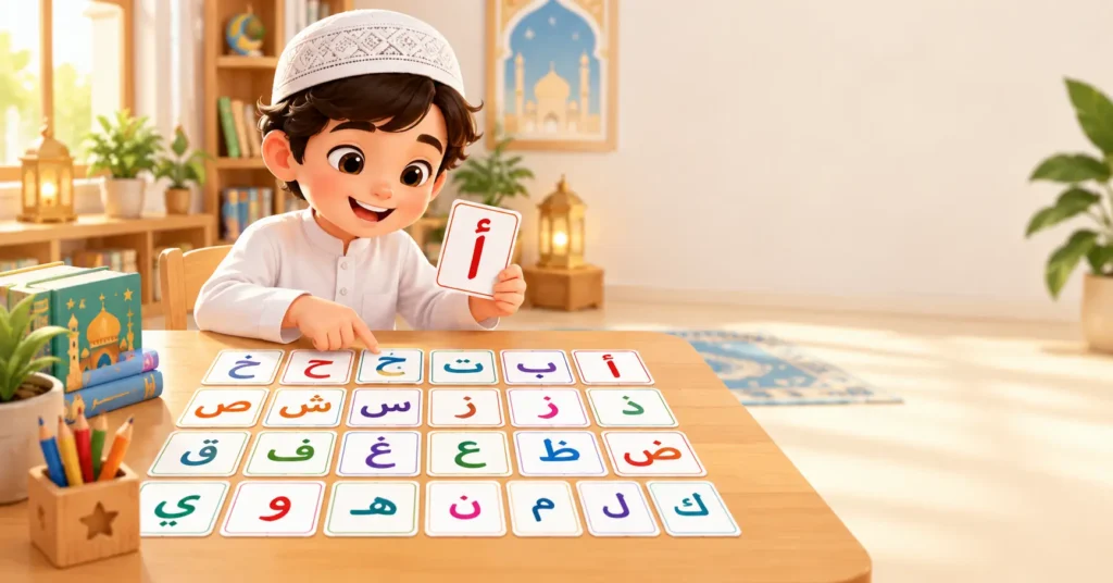 Child learning the Arabic alphabet from Alif to Ya