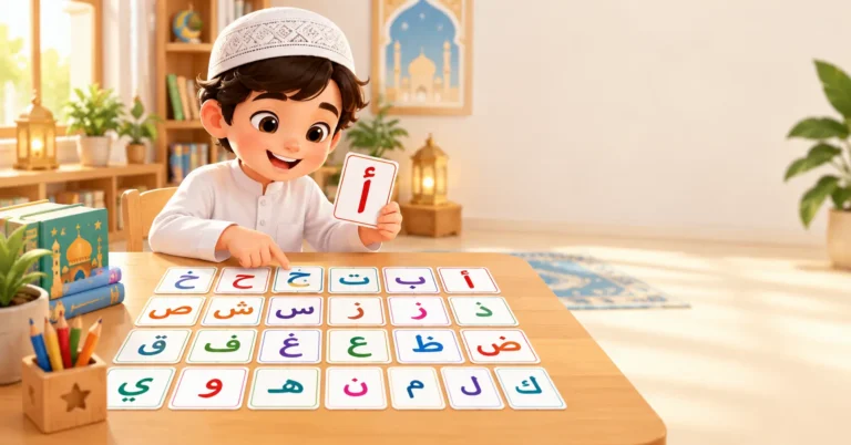Child learning the Arabic alphabet from Alif to Ya