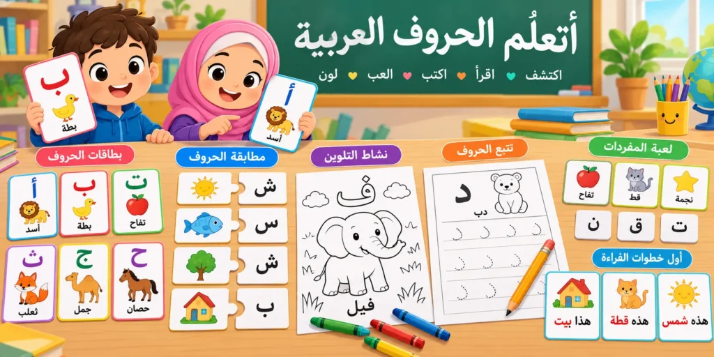 Arabic alphabet practice activities including flashcards tracing and matching