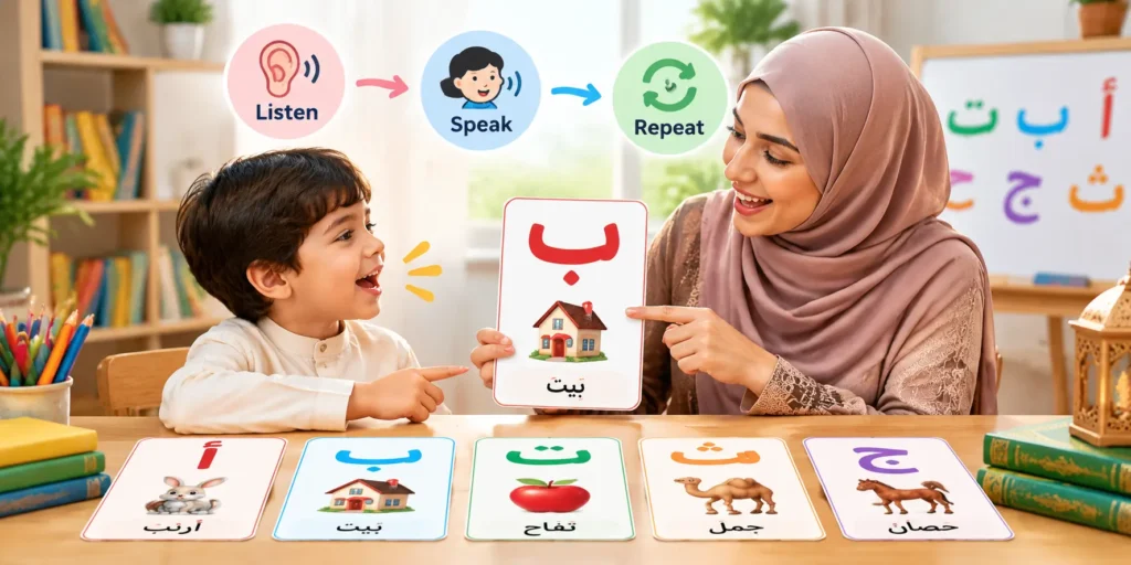 Child practicing Arabic letter sounds with a teacher