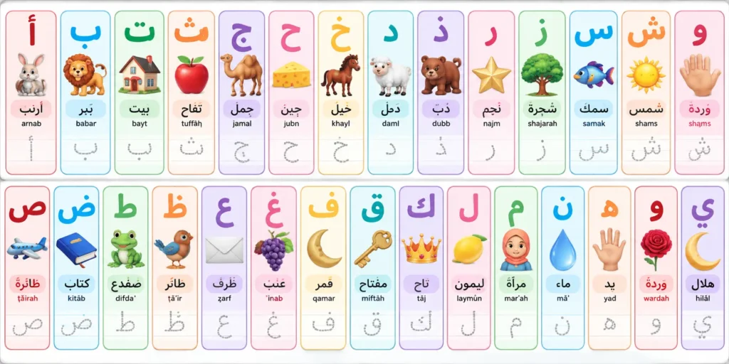 Arabic letters connected with words and picture associations for kids