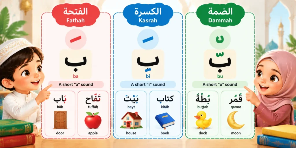 Arabic vowel marks Fathah Kasrah and Dammah for beginners