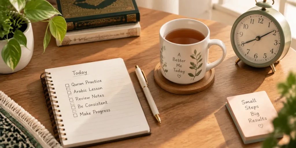 Daily fifteen-minute Arabic reading routine setup with notebook and clock