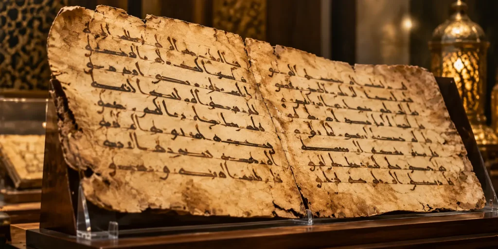 Ancient parchment Quran manuscript fragment written in early Hijazi-style script