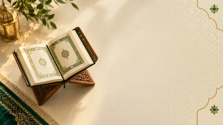 Open Quran on a wooden stand representing the 114 chapters of the Quran