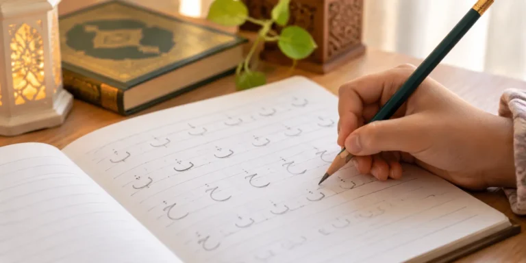 Beginner learning to read Arabic words by tracing connected letters