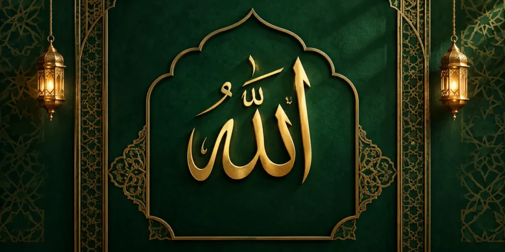Islamic calligraphy representing Allah, the Lord, King, and God of mankind.