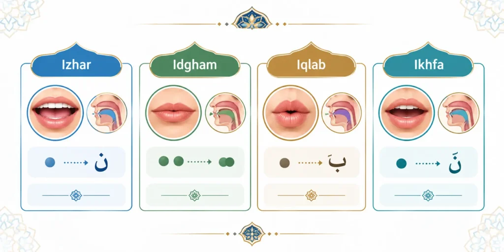 Noon Sakinah and Tanween rules in Tajweed