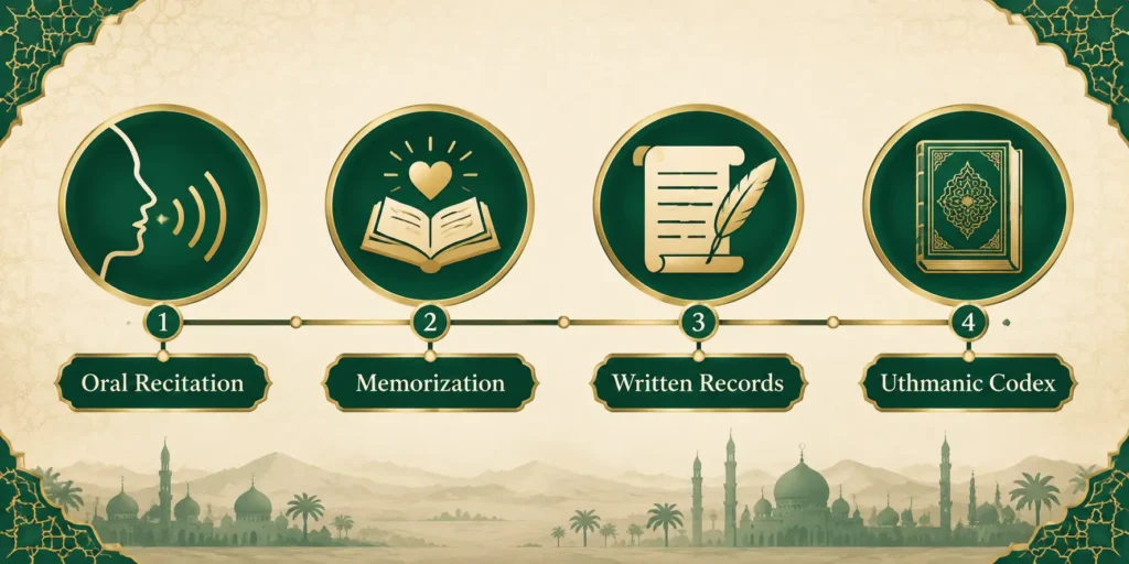 Timeline showing Quran preservation from oral recitation to the Uthmanic codex