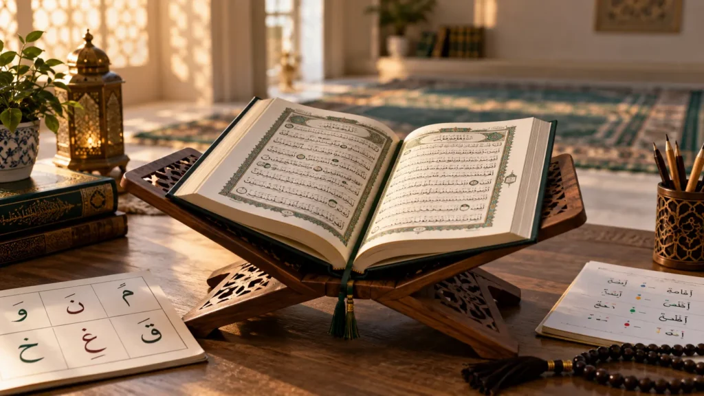 Open Quran with Tajweed learning materials for beginners