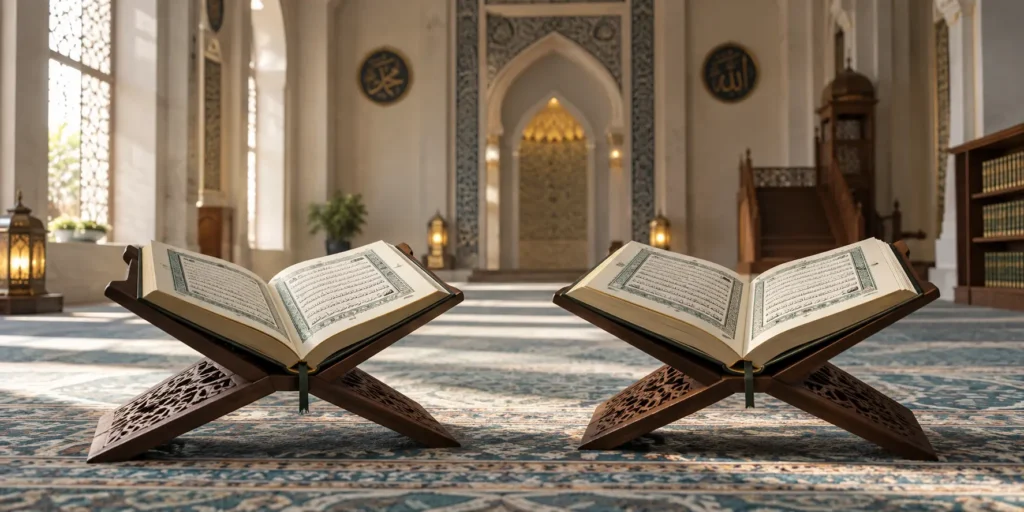 Two open Quran copies representing Surah An-Nas and Surah Al-Falaq.