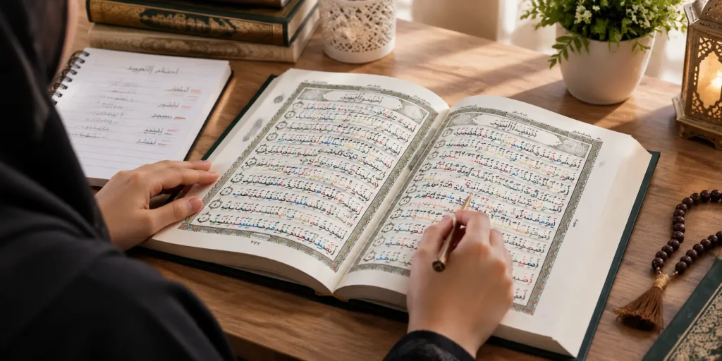 Learner practicing Quran with a Tajweed Mushaf