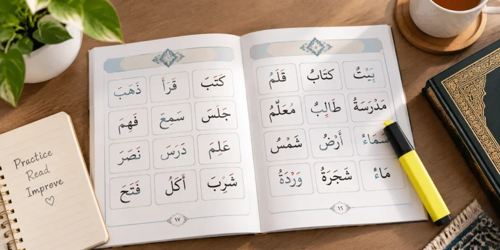 Practice page of vowelled Arabic words used for beginner reading practice