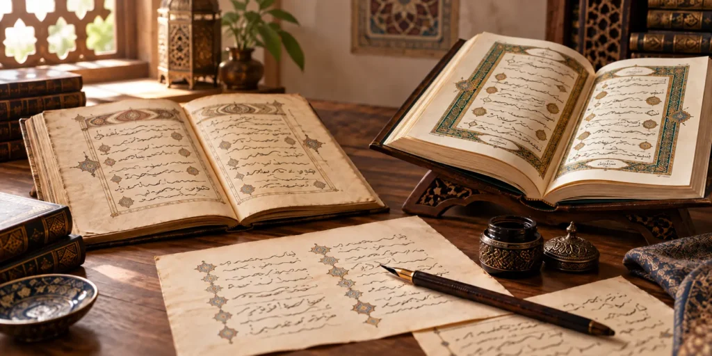 Classical Tajweed poem manuscript beside the Quran