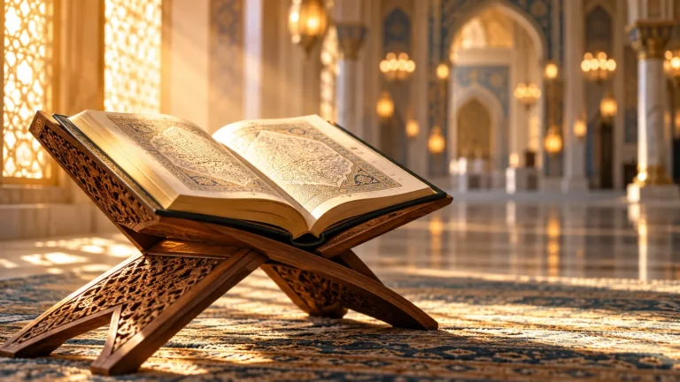Open Quran with Arabic script resting on a wooden book stand in soft light