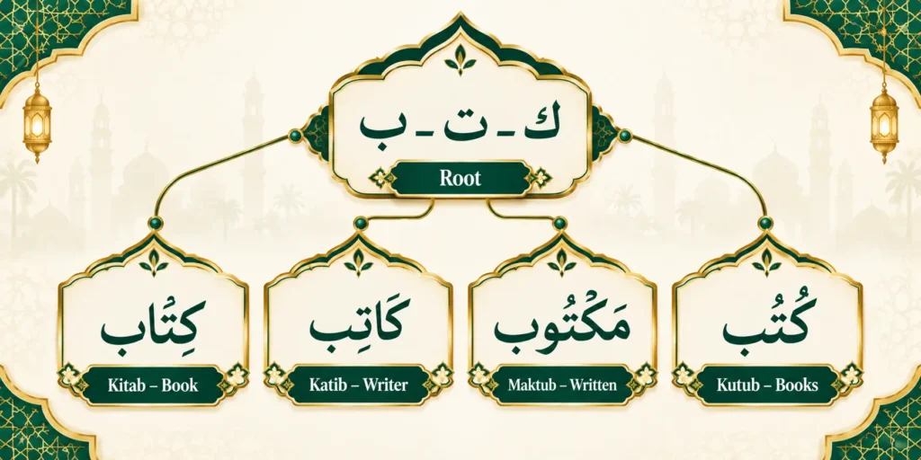 Root diagram showing how one three-letter Arabic root connects to several related words