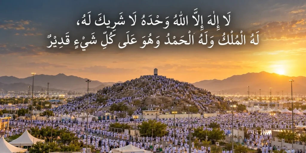 Pilgrims gathered at Mount Arafah on the Day of Arafah with the best dua of Arafah written in Arabic