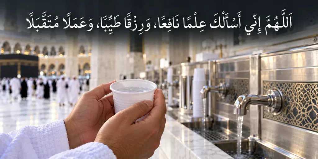 Hands holding a cup of Zamzam water with the Zamzam dua written in Arabic