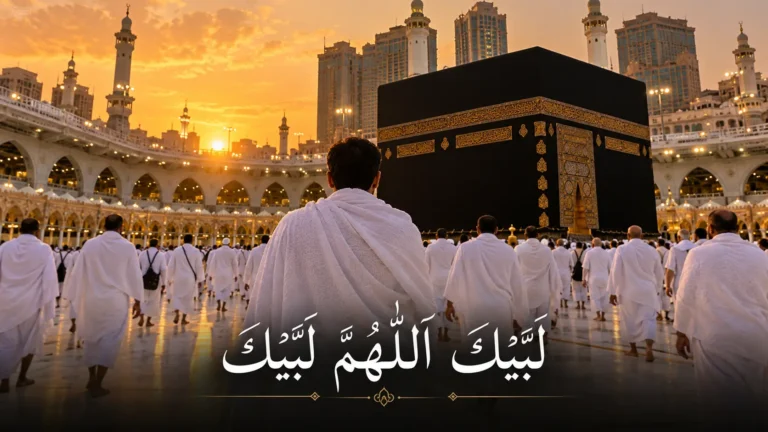 Pilgrims in white Ihram performing Tawaf around the Kaaba with the Talbiyah written in Arabic