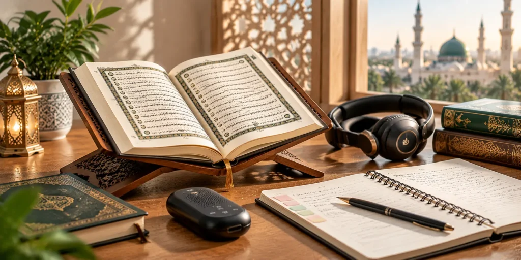 Quran study setup for learning and memorizing Surah Al-Fatiha