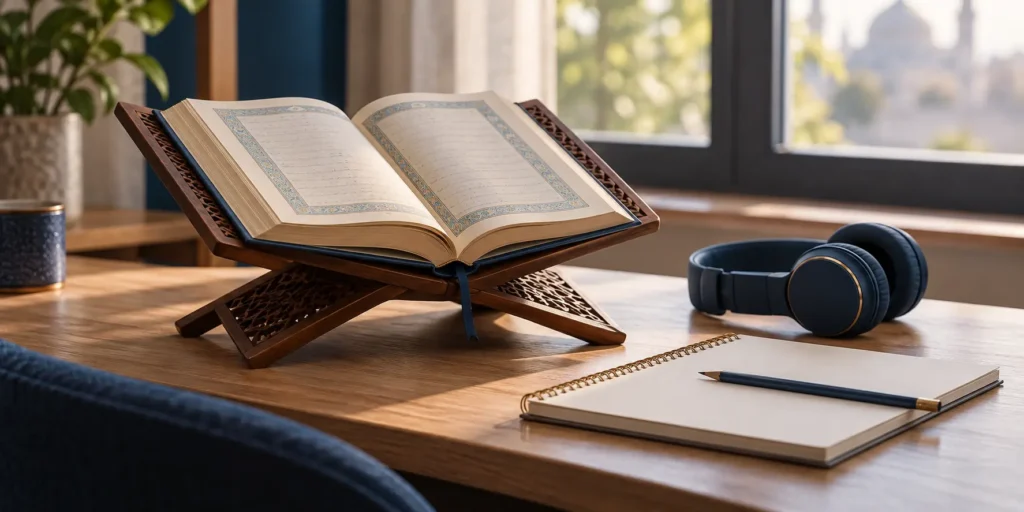 Quran study setup for practising Surah Al Mulk with transliteration and audio