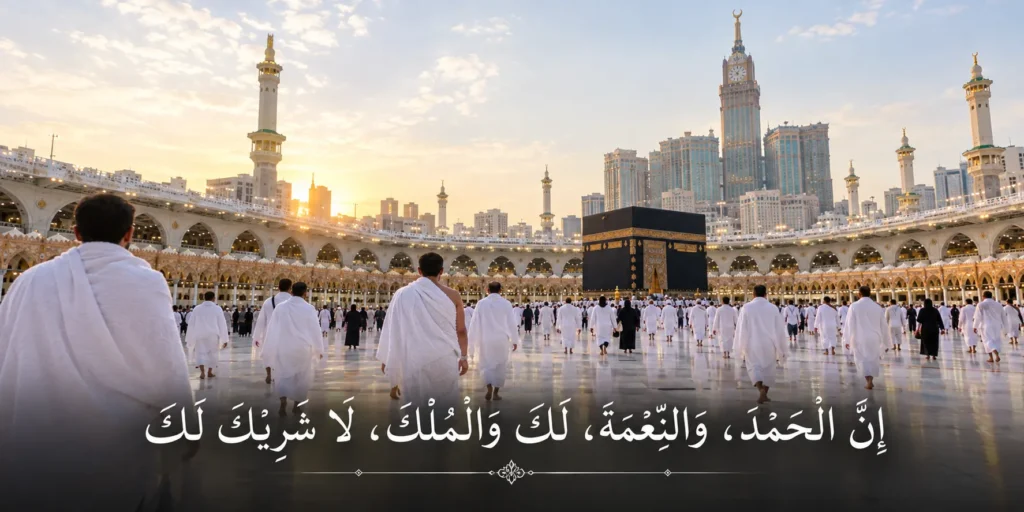 Pilgrims approaching the Kaaba inside Masjid al-Haram courtyard with part of the Talbiyah in Arabic