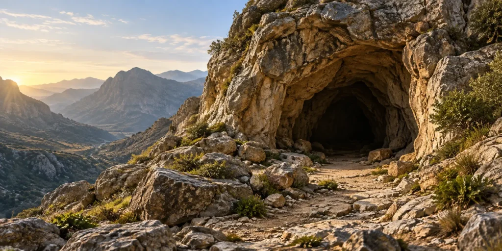 A natural cave entrance surrounded by rugged mountains in soft morning light.
