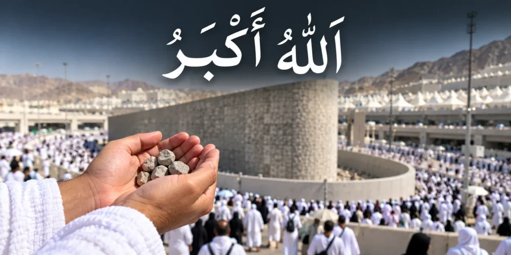 : Pilgrim holding small pebbles for the Jamarat with the Takbir Allahu Akbar in Arabic