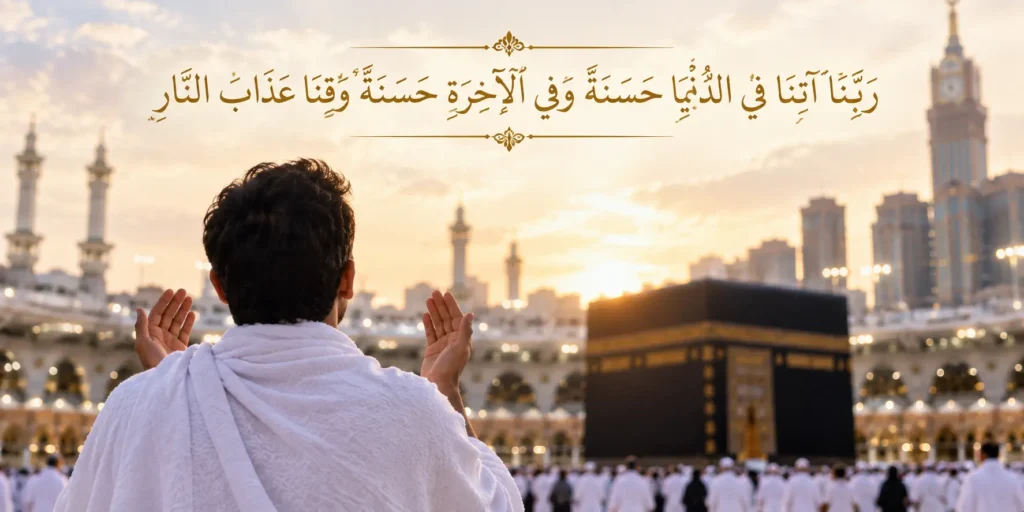 Pilgrim in Ihram raising both hands in dua with the Quranic supplication Rabbana atina written in Arabic