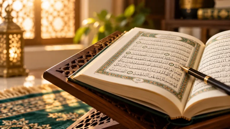 Open Quran on a wooden stand with a pen pointing to a single Arabic word