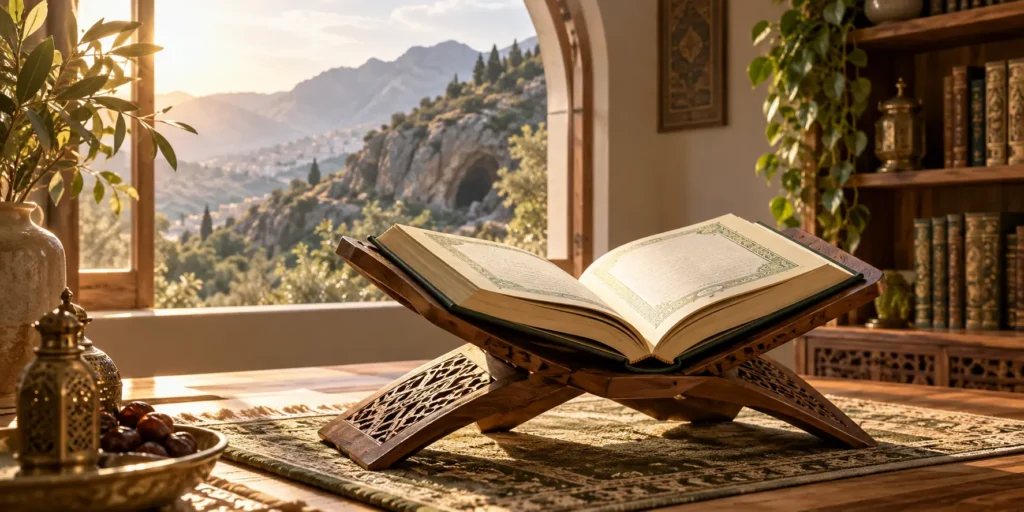 An open Quran on a wooden rehal in a peaceful study setting.
