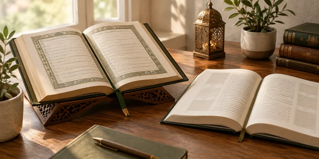 An Arabic Quran beside a separate English translation book on a study desk.