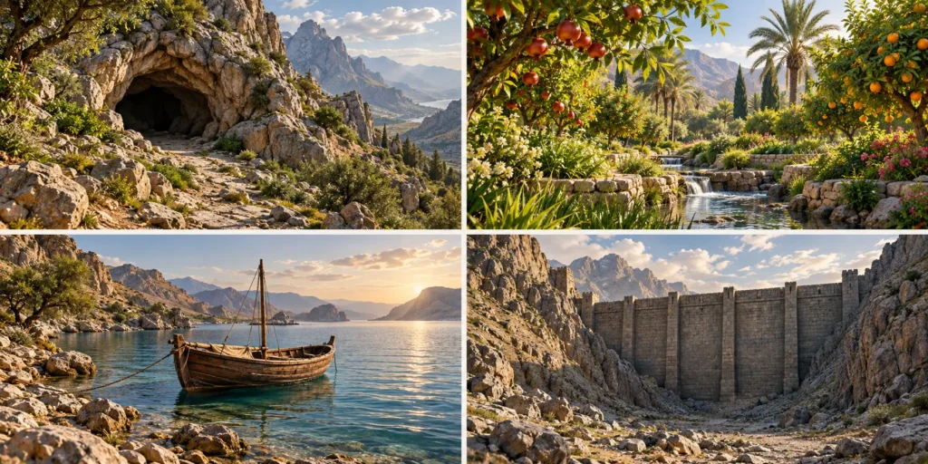 Four scenes representing the cave, two gardens, a boat by the water and a stone barrier between mountains.