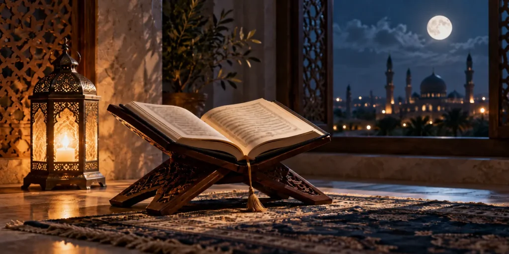 Open Quran beside a lantern for Surah Al Mulk audio recitation