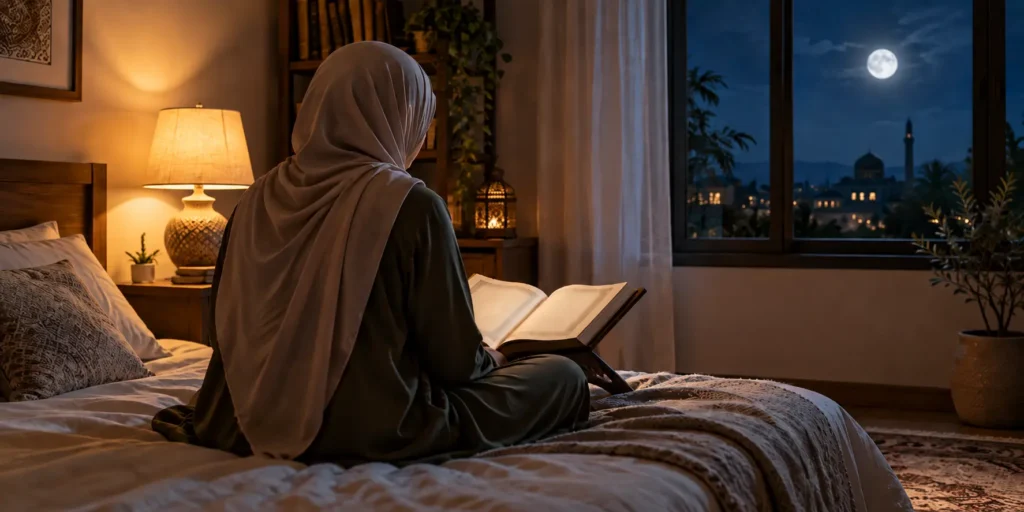 Person reading the Quran at night as part of a Surah Al Mulk bedtime routine