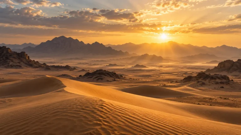 Golden sunrise over a desert landscape for Surah Al Waqiah in English