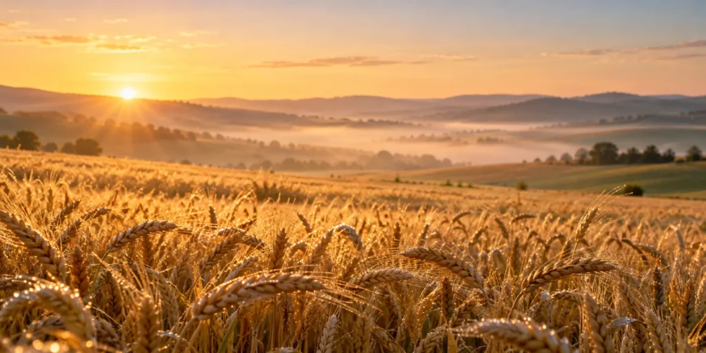 Golden wheat field at sunrise illustrating gratitude for the blessings described in Surah Al Waqiah