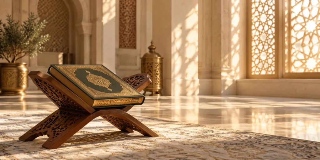Quran resting on a wooden stand in a peaceful Islamic interior