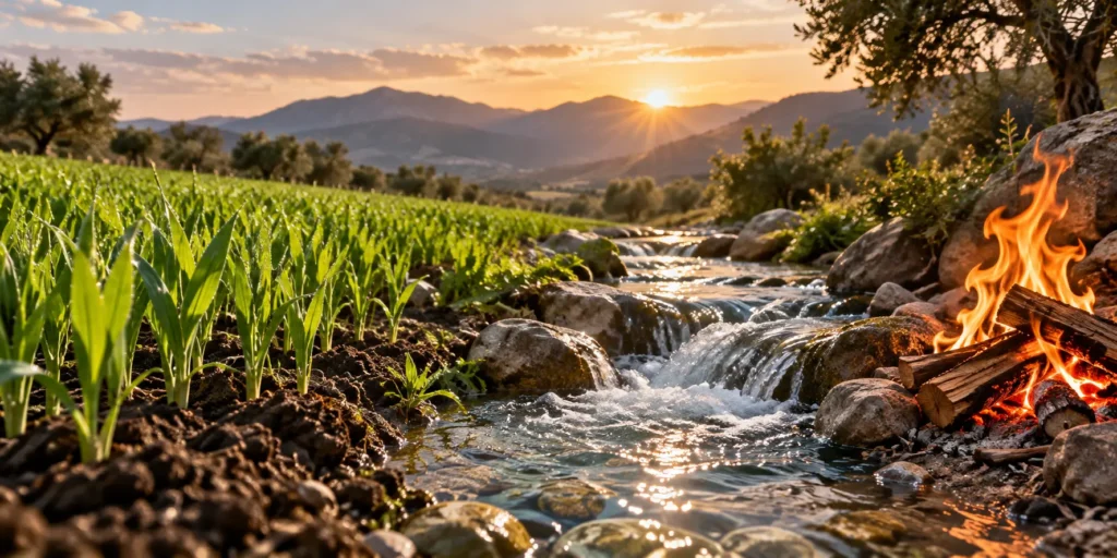 Growing wheat, flowing water and a natural fire representing the signs of creation in Surah Al Waqiah