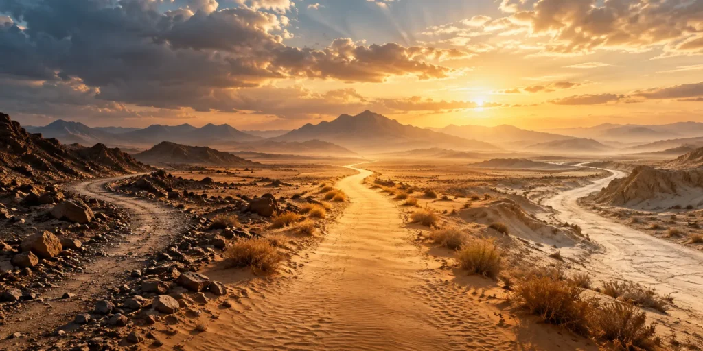 Three pathways across a desert landscape representing the three groups in Surah Al Waqiah