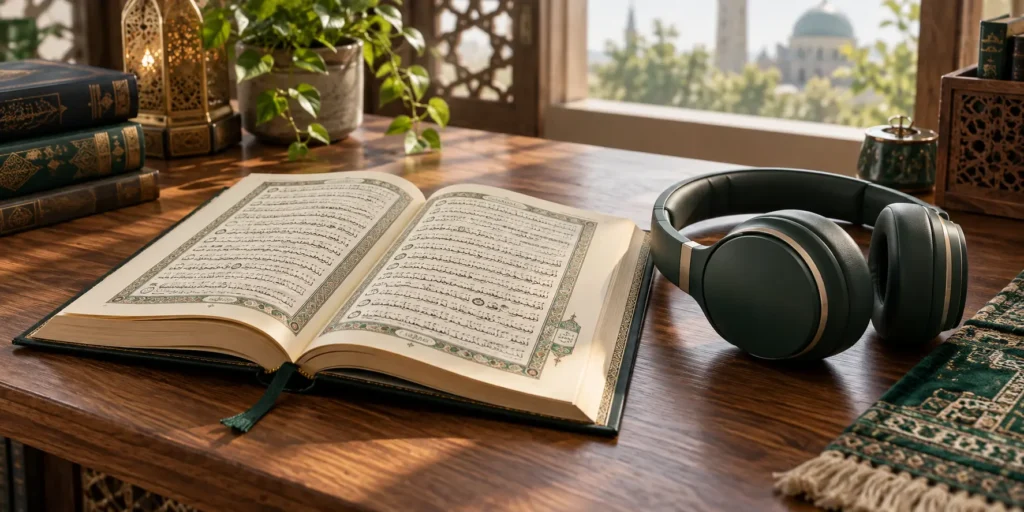Open Quran and headphones for listening to Surah An Naba recitation