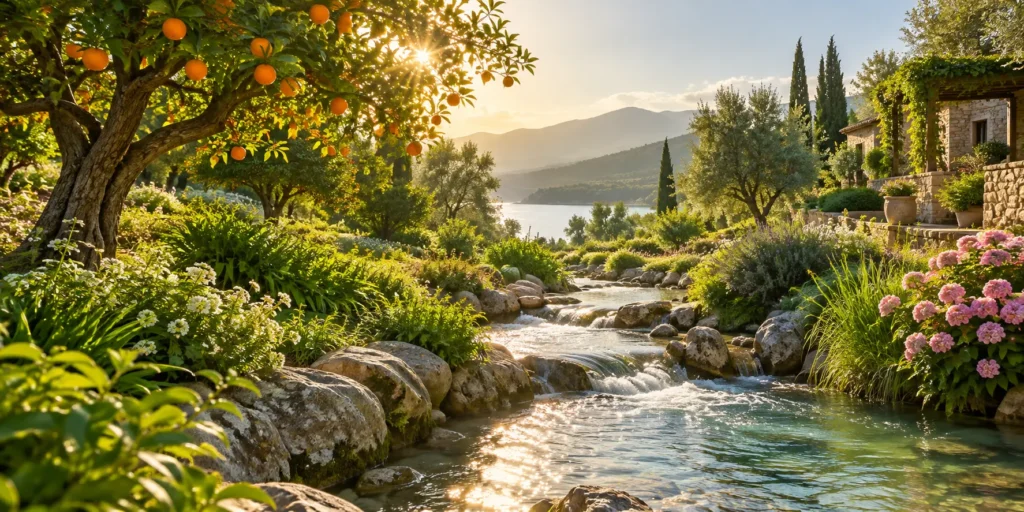 Lush garden and flowing stream representing the gardens described in Surah An Naba
