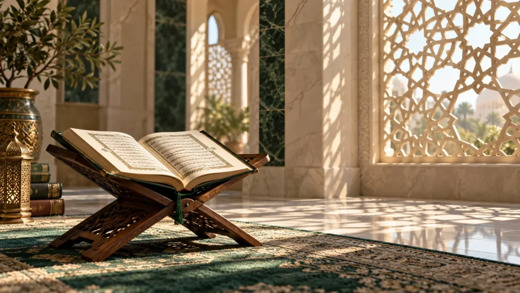 Open Quran on a wooden stand for reading Surah An Naba