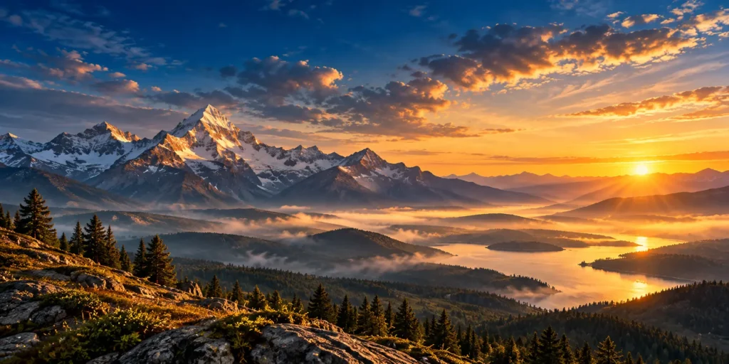 Vast mountains beneath an expansive sky at sunrise
