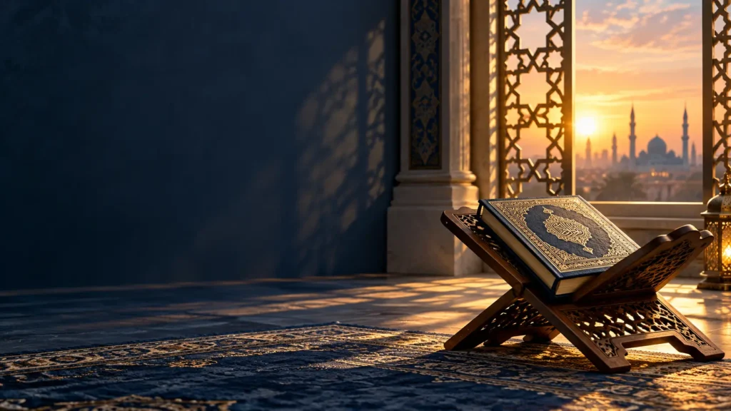 Quran displayed on a wooden stand in a softly lit Islamic setting