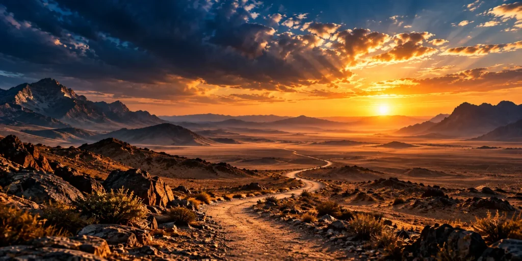A quiet path leading towards a distant horizon across a vast desert