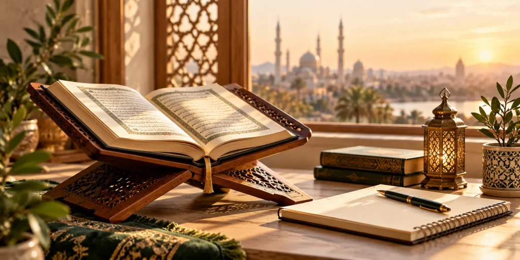 Quran and study notebook arranged on a desk for memorisation and revision