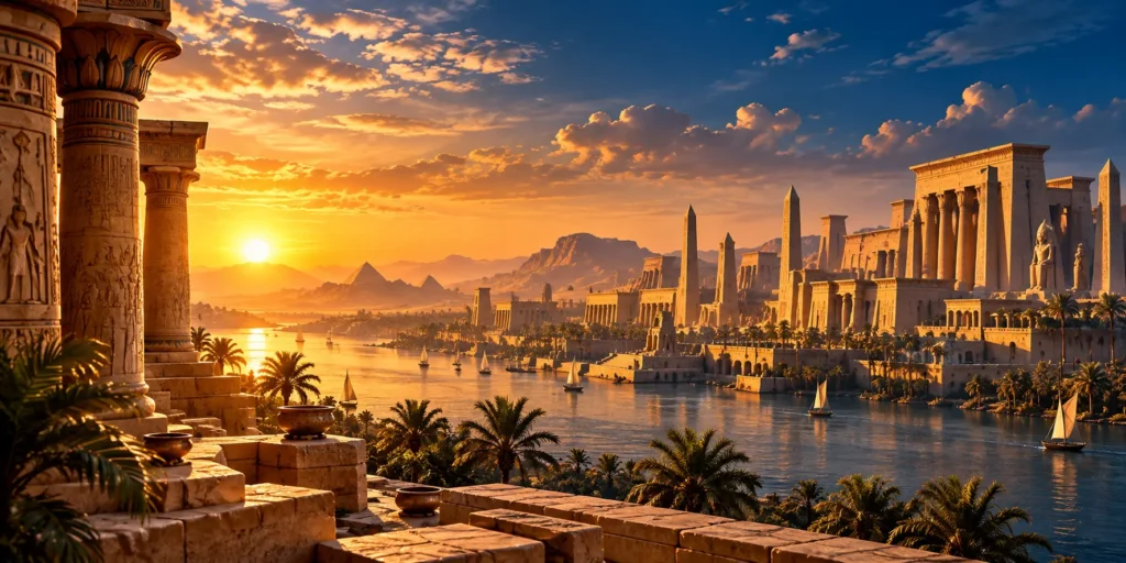 Ancient Egyptian palace and desert landscape representing the setting of the Musa and Pharaoh passage