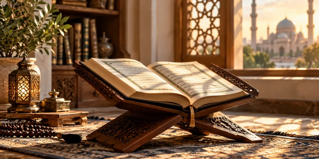 Open Quran on a wooden stand in a quiet setting for recitation practice